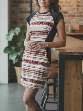 Floral Stripe Sheath Dress in Black and White